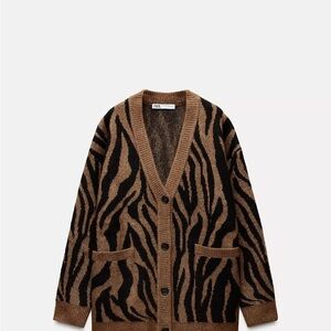 Zebra Patterned Brown and Black Cardigan Sweater